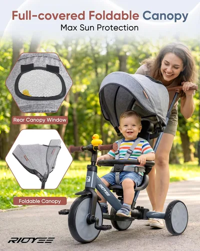 Miniatura 5 de RIDYEE Triciclo 8 en 1 para 1.5-5 años, interruptor sin herramientas, triciclo para niños pequeños con mango de control de dirección para padres