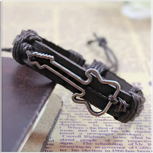 Miniatura 5 de Xusamss Punk aleación guitarra patrón cuero cordón cuerda pulsera