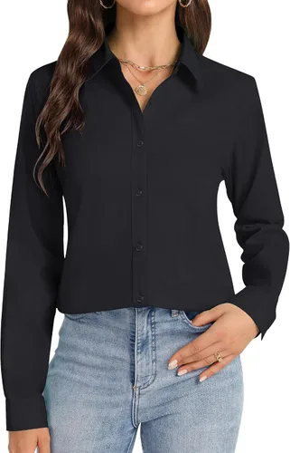 Miniatura 21 de Camisas con botones J.VER para mujer con cuello elástico y manga larga de algodón, camisa de vestir casual de negocios para el trabajo