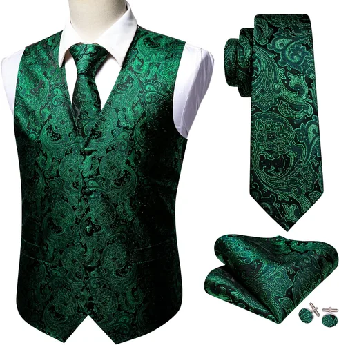 Miniatura 5 de Barry.Wang Chaleco formal de los hombres Paisley Jacquard seda corbata traje chaleco conjunto boda 5PCS