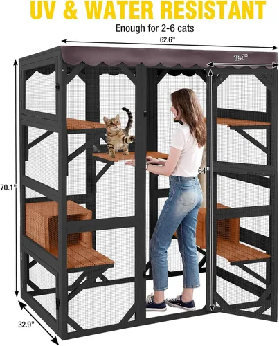 Miniatura 7 de Catio grande de madera para gatos de 70.1 pulgadas, casa para gatos de varios niveles con plataformas, hamaca y poste rascador, panel trasero