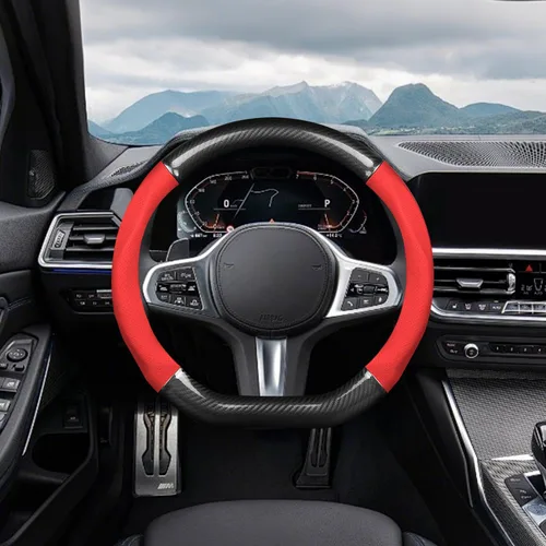 Miniatura 2 de Ergocar Funda para Volante de Coche Antideslizante, Protector para Volante de Coche Deportivo en Forma de D, Fibra de Carbono y Cuero PU Universal