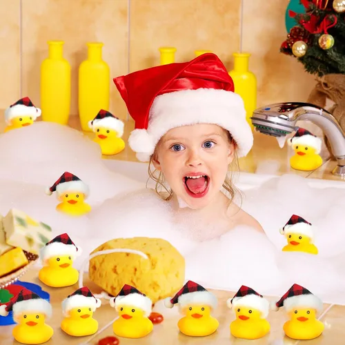 Miniatura 4 de Liliful 48 patos de goma de Navidad con sombrero, mini patos de goma de Navidad a granel, regalos de fiesta navideña, juguetes de baño