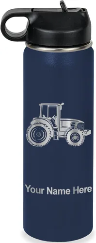 Miniatura 56 de LaserGram Botella de agua personalizada, tractor agrícola, acero inoxidable de doble pared aislada al vacío con popote superior, regalo grabado