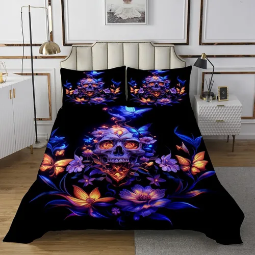 Miniatura 2 de Erosebridal Gothic Skull Coverlet Set, Mandala Flowers Hippie Butterfly Bedspread Sets for Girls Boys Kids Trippy Skull Death Skeleton Quilt Set
