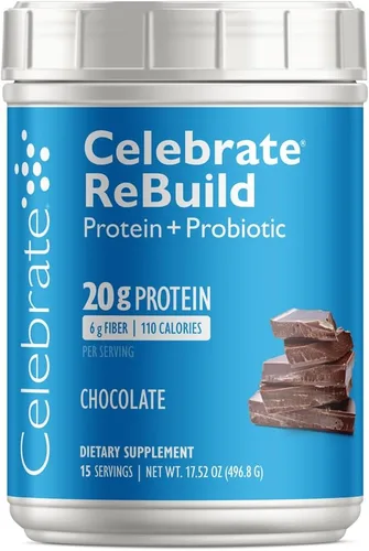 Celebrate Vitamins Rebuild Proteína en polvo con probióticos y prebióticos, 0.71 onzas de proteína aislada de suero de leche, alta fibra, para