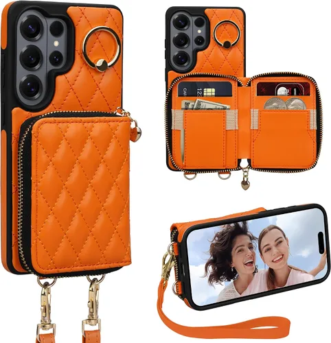 Miniatura 57 de Funda tipo cartera para iPhone 15 de 6.1 pulgadas, bolso cruzado con cremallera y correa para la muñeca con cordón para mujer, tarjetero con bloqueo