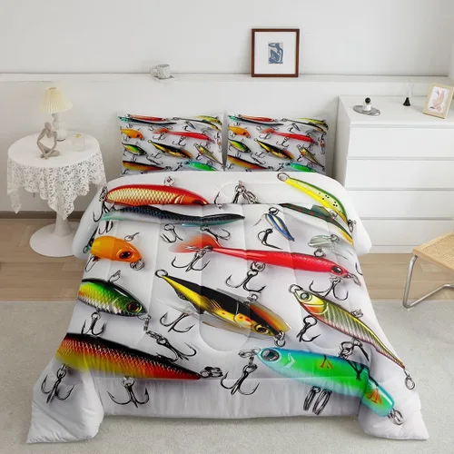 Miniatura 2 de Erosebridal Juego de ropa de cama de pesca tamaño individual, juego de edredón de peces coloridos para niños, adolescentes, hombres, pescadores