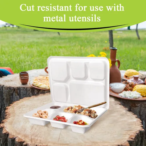 Miniatura 3 de three leaf Bandeja de comida con tapa de 5 compartimentos, 200 juegos. Bandeja de bagazo desechable resistente y ecológica con tapa, platos 100% 5