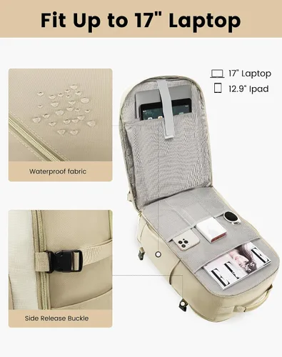Miniatura 9 de LOVEVOOK Mochila de Viaje Grande para Mujeres Equipaje de Mano Mochila Bolsas de Artículos Personales Esenciales, Caqui-beige, Mochilas de viaje