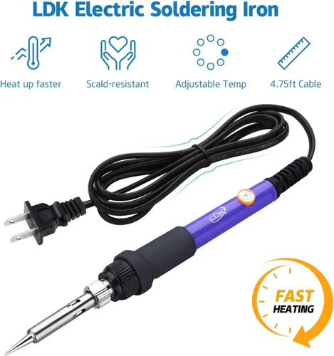 Miniatura 5 de LDK Kit de soldador eléctrico de 60 W, temperatura ajustable con 5 puntas diferentes, bomba desoldadora, soporte, pinzas antiestáticas, tubo de Negro
