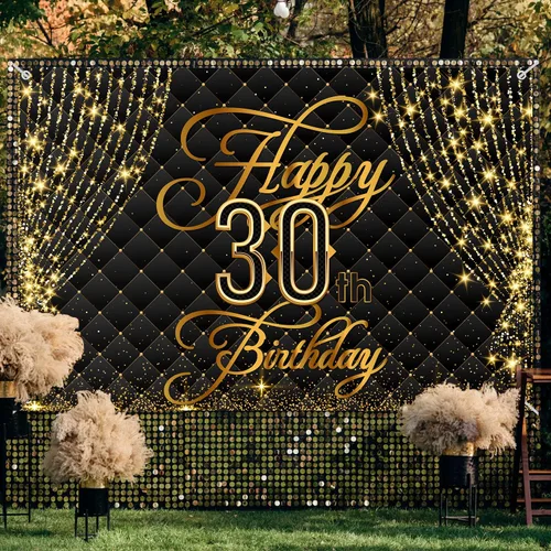 Miniatura 4 de Cartel de feliz cumpleaños 30 años, decoración de cortina real, fondo negro y dorado, cumpleaños de 30 años para mujeres y hombres, suministros