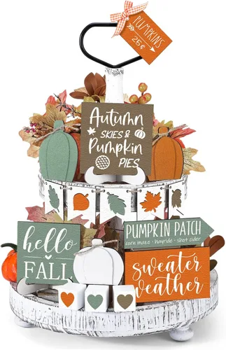 Miniatura 11 de Sumind Juego de 15 piezas de decoración de bandejas escalonadas de Acción de Gracias, decoraciones de otoño para el hogar, letreros de madera