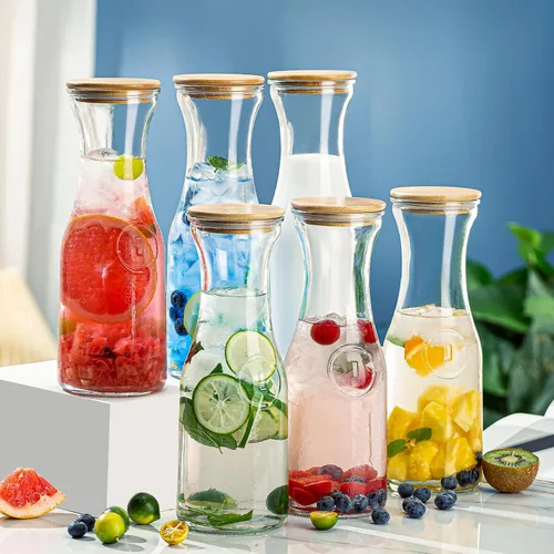 Miniatura 6 de Jarras de vidrio con tapas de bambú, 4 piezas de 1 litro para bebidas de 1 litro, juego de jarras para barra de mimosa, contenedor de jugo
