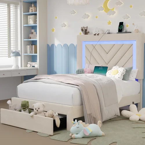 Miniatura 10 de Base de cama tamaño Queen con cabecera ajustable y cajón de almacenamiento, marco de cama tapizado Queen con luces LED RGB y estación de carga