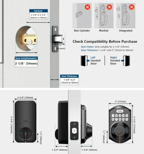 Miniatura 6 de TEEHO TE002 Cerradura de Puerta con Huella Dactilar - Cerradura de Puerta de Entrada sin Llave - Pestillo Electrónico con Teclado - Cerraduras Negro