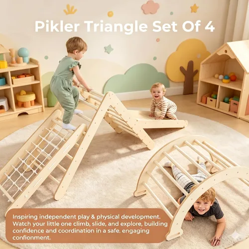 Miniatura 2 de LINKHOO Pikler - Juego de 4 triángulos de madera, juego de escalada Montessori para niños de 2 a 8 años, gimnasios de selva de interior con arco