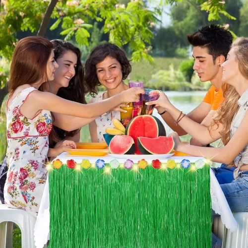 Miniatura 6 de Aneco 2 faldas de mesa de césped Luau de 9 pies x 30 pulgadas con cadena de luz LED, falda de mesa hawaiana iluminada, falda de hierba iluminada