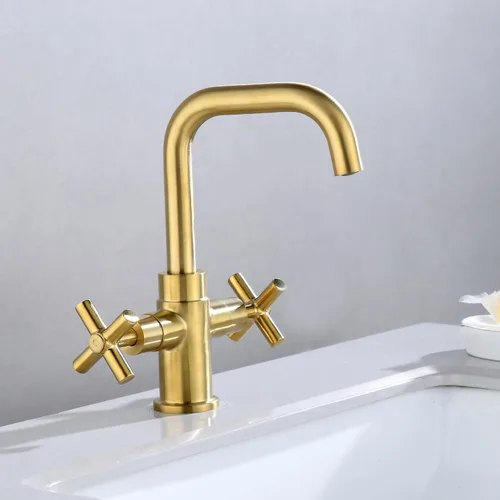 Miniatura 2 de Moderno grifo de lavabo de baño dorado cepillado, 4 pulgadas de un solo agujero o centro de 3 agujeros, mango cruzado de 2 asas, boquilla giratoria
