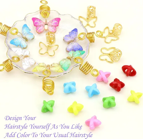 Miniatura 2 de 20 piezas de joyería para el cabello para trenzas, colgante de mariposa dorada, accesorios Dreaklock, tubo Loc, accesorios de trenza de cuentas