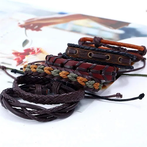 Miniatura 5 de Juego de joyas de oro rosa, pulsera de cuero, joyería tejida a mano, pulseras trenzadas de múltiples capas (negro, talla única)
