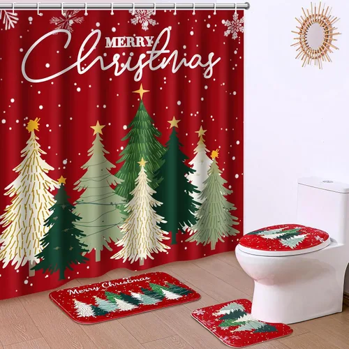 Fanfanwin Juego de 4 piezas de baño de Feliz Navidad con cortina de ducha de árbol de Navidad de 71 x 71 pulgadas, alfombras antideslizantes,