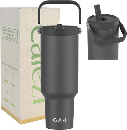 Miniatura 39 de Vaso de 30 onzas con tapa y pajita, vasos de acero inoxidable con aislamiento al vacío con pajita plegable y asa superior, botella de agua aislada