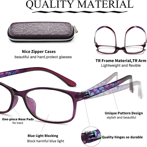 Miniatura 3 de EYEURL Gafas de lectura para mujer, con bloqueo de luz azul, juego de 2 patrones con diseño de valor para lectura (púrpura/rojo, 1.5)