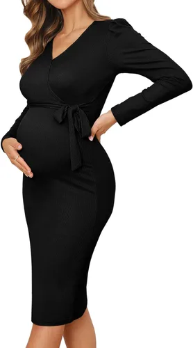 BZB Vestido de maternidad de manga larga con cuello en V, manga abombada, acanalado, entallado, vestido de embarazo por debajo de la rodilla, para
