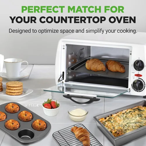 Miniatura 3 de NutriChef - Juego de 6 piezas para hornear en tostadora, juego compacto de bandejas antiadherentes apilables con moldes para muffins, bandeja