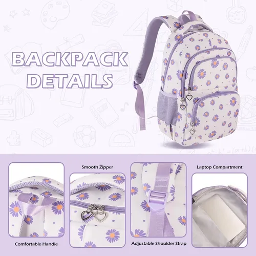 Miniatura 46 de goldwheat Mochilas impresas margaritas con paquete de almuerzo, estuche de lápices 3pcs, bolsa ligera resistente al agua para la escuela secundaria
