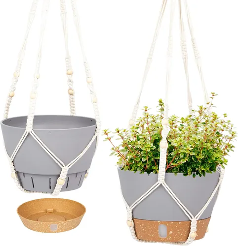 Miniatura 20 de QCQHDU Paquete de 2 macetas colgantes de 10 pulgadas para plantas de interior y exterior, cestas colgantes macetas de flores con bandeja de depósito