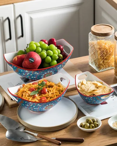Miniatura 6 de LAUCHUH Tazones para servir con asas, platos de porcelana bohemia para entretener coloridos cuencos anidables para ensalada para cocina, fiesta