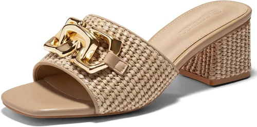 Miniatura 9 de Coutgo Sandalias de cuña con tacón grueso de rafía para mujer, con punta abierta, cuadradas, con cadena metálica, sin cordones, elegantes