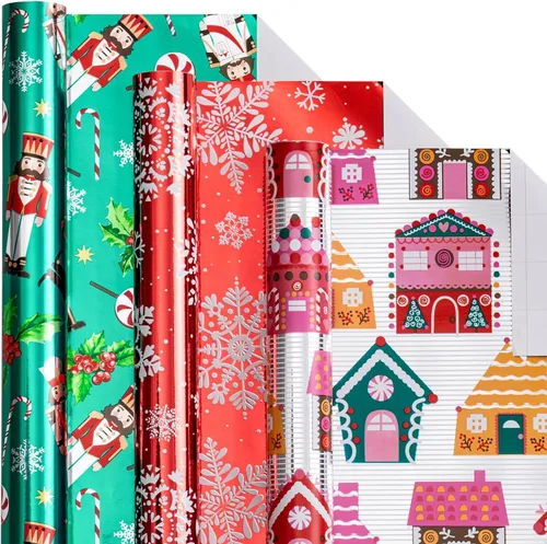 Miniatura 25 de LeZakaa Mini rollo de papel de regalo de Navidad, diseño de campana y árbol/bastones de caramelo/copos de nieve, blanco y negro, para envolver