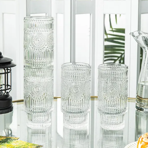 Miniatura 6 de SoulTimes Juego de 4 vasos grandes acanalados de 16 onzas, diseño floral, apilables, vasos de vidrio con textura vintage, juego de vasos para beber