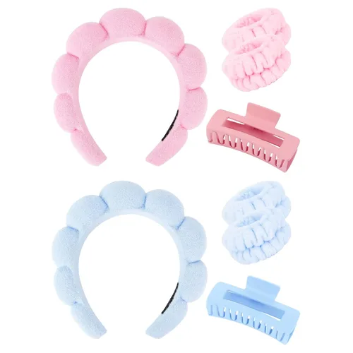Miniatura 9 de Wecoe Juego de diadema y pulsera para el cuidado de la piel para el cuidado de la piel, pinzas para cabello grueso, esponja hinchada con burbujas