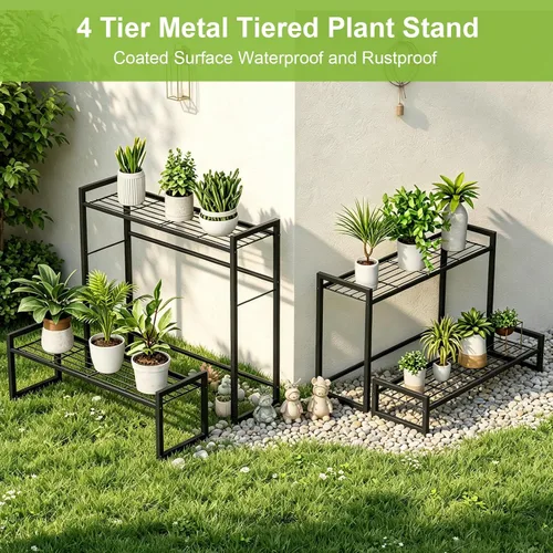 Miniatura 5 de VyGrow Soporte para plantas, soporte apilable para plantas de 4 niveles, estante escalable resistente para plantas altas para interiores y negro