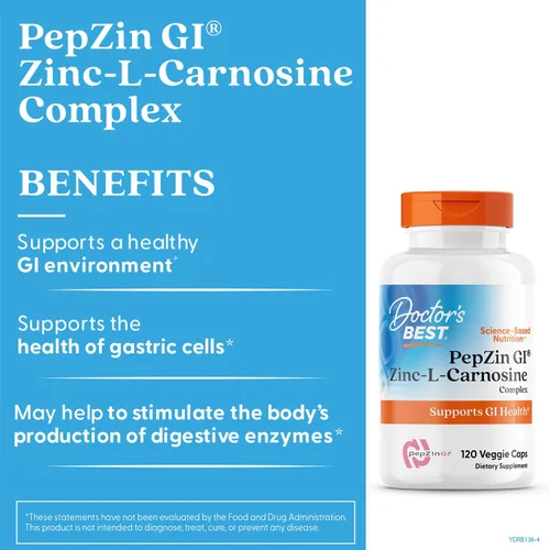 Miniatura 3 de Doctor's Best PepZin GI, complejo de zinc-L-carnosina, sin OMG, vegano, sin gluten, sin soja, soporte digestivo, 120 cápsulas vegetales