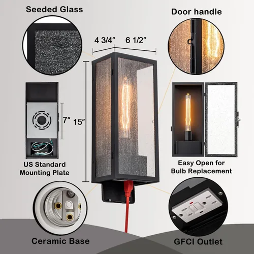Miniatura 5 de Luz de Porche con Salida GFCI, Accesorios de Iluminación Exterior en Negro Mate, Lámpara de Aluminio Impermeable para Exteriores con Vidrio