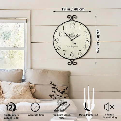 Miniatura 2 de Reloj de pared grande de 24 pulgadas, marco de hierro forjado con acabado gris cálido, reloj de pared silencioso a pilas para sala de estar, cocina