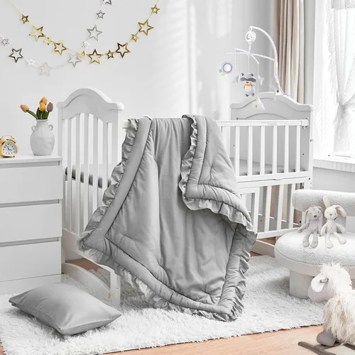 Juego de ropa de cama de 3 piezas para cuna de bebé, edredón acolchado con volantes para bebé con sábana ajustable y funda de almohada - Ropa de