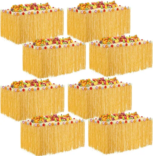 Miniatura 10 de Juexica Paquete de 8 faldas de mesa de hierba Luau de 9 x 30 pulgadas, falda de mesa hawaiana de flores de hibisco sintético, decoraciones de fiesta