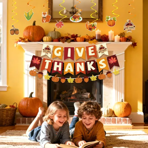 Miniatura 6 de 42 piezas de decoraciones de Acción de Gracias Pancarta de agradecimiento premontada en espirales colgantes Decoración de otoño para interiores