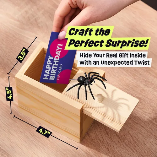 Miniatura 5 de FunFamz Mini Caja de Broma de Araña - Regalo de Broma de Madera Sorpresa, Perfecto para Cumpleaños, Día de los Inocentes, Broma Inofensiva con Araña
