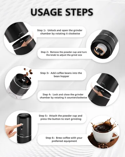 Miniatura 5 de Molinillo de café eléctrico portátil, molinillo de café automático con diseño de carga inalámbrica USB tipo C, ajustable de grueso a fino para Negro