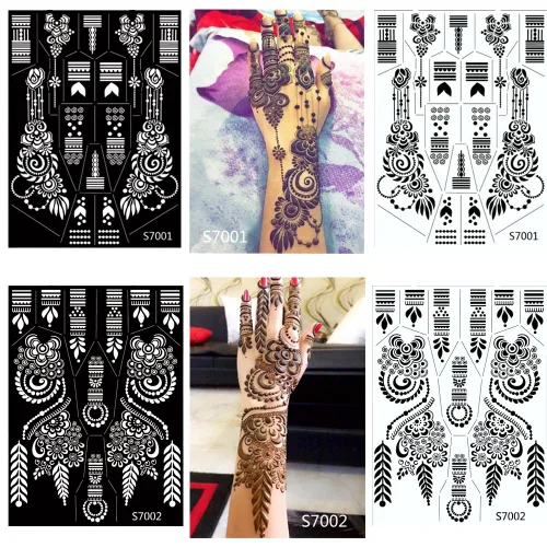 Miniatura 5 de 10 hojas de plantillas de tatuaje de henna 10 pares de plantillas de tatuaje temporal para brazo y mano Tatuajes indios árabes con purpurina Negro