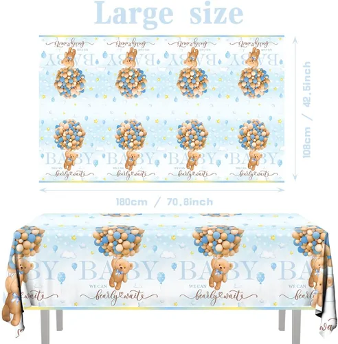 Miniatura 5 de Bearly Wait - Decoraciones para baby shower, 3 piezas de oso de peluche azul, manteles de oso de plástico para bebé, fundas de mesa para niños