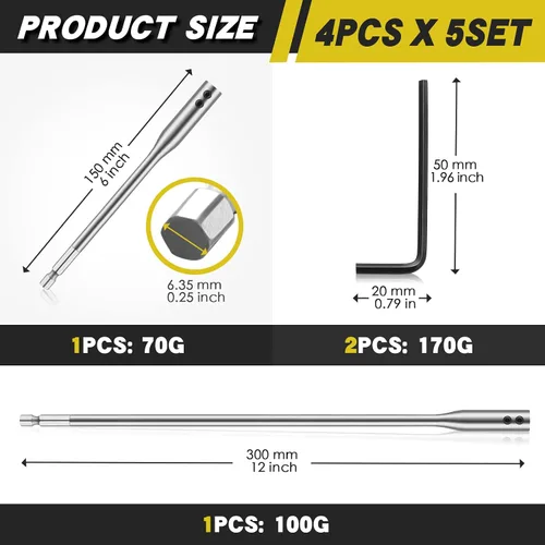 Miniatura 2 de Extensión de broca 6, broca de acero al carbono de 12 pulgadas con llave inglesa para torneadores de madera, accesorios de construcción (12 piezas)
