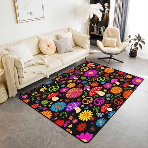 Miniatura 15 de Erosebridal Alfombra de área con tema Groovy de los 70 para sala de estar y dormitorio, alfombra retro con símbolo de paz antideslizante, alfombra